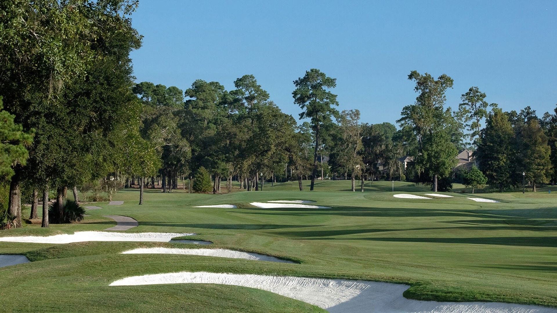 Tree-lined fairway and white sand bunkers on the Golf Club of Houston Member Course in Humble.