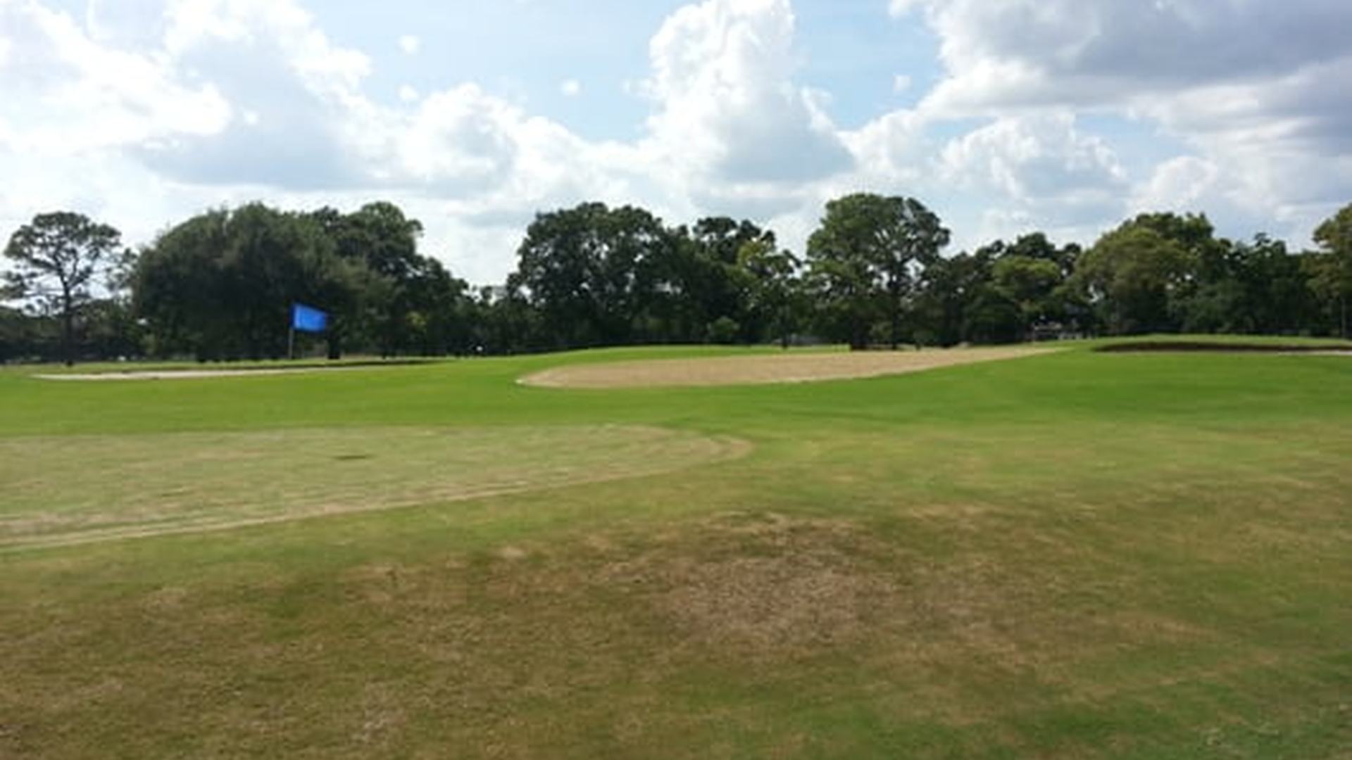 Blue flag on a green beside a sand bunker at Sharpstown Park Golf Course in Houston.