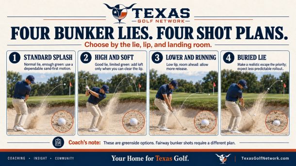 Compare four types of greenside bunker shots: standard, high, low, and buried-lie escapes. Choose a realistic shot based on the lie, lip, and landing room.