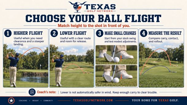 Learn when to hit high and low golf shots, how to practice a controlled lower flight, and why carry and rollout matter in windy Texas conditions.